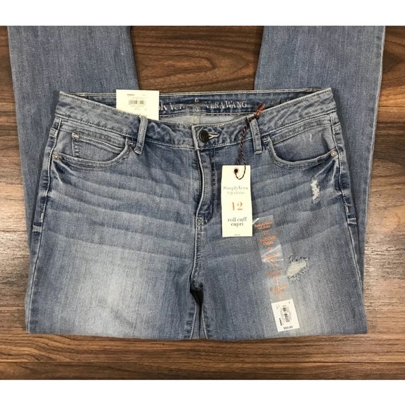 Simply Vera Roll Cuff Jeans Sz 12 Distressed Crop - Picture 5 of 7